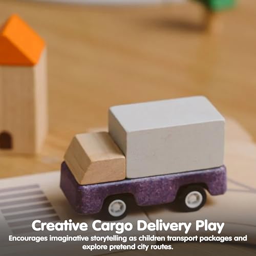 Image of PlanToys Purple Delivery Truck Wooden Montessori Vehicle Toy | Early Movement, Imagination and Practical Life Exploration | Eco Friendly Truck for Indoor and Outdoor Play