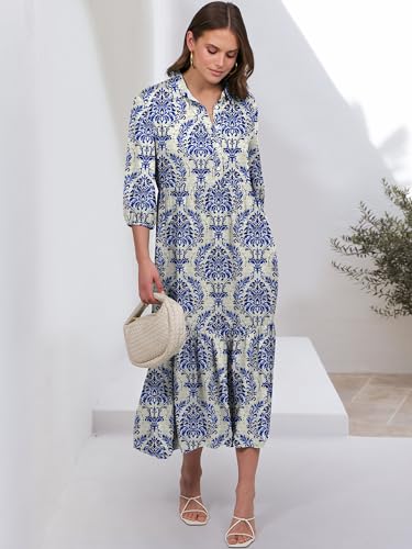 ANRABESS Women Summer Dress 2025 3/4 Puff Sleeve Polo V Neck Floral Print Casual Boho Shirt Maxi Dress Beach Vacation Clothes3