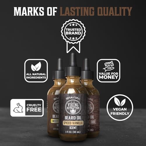 Viking Revolution Beard Oil for Men 3 Pack - Natural Mens Beard Oil Variety Set - Spiced Vanilla, Sweet Tobacco, Majestic Oud - Beard Conditioning and Moisturizing for a Healthy Beard (3 Pack, 1oz)