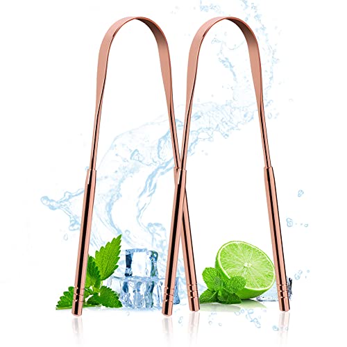 ACWOO Limpiador de Lengua, 2 Pieces Forma de U Limpiador Lingual Acero Inoxidable, Raspadores de Lengua, Raspador de Lengua Limpiador, para Reduce el Mal Aliento y Higiene Bucal (Oro Rosa)