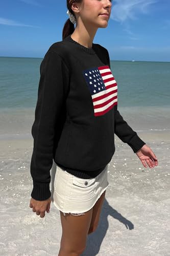 Image of Womens American Flag Sweater Long Sleeve Crew Neck Star Graphic Knit Pullover Tops Casual Loose USA Sweater