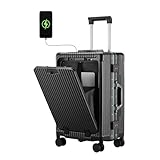 CAARANY Versatile Aluminum Frame Carry-On Luggage with USB Charging Port, Front Compartment, TSA Lock, Airline Approved Carry On Hardside Suitcase with Spinner Wheels (Black, 20inch)