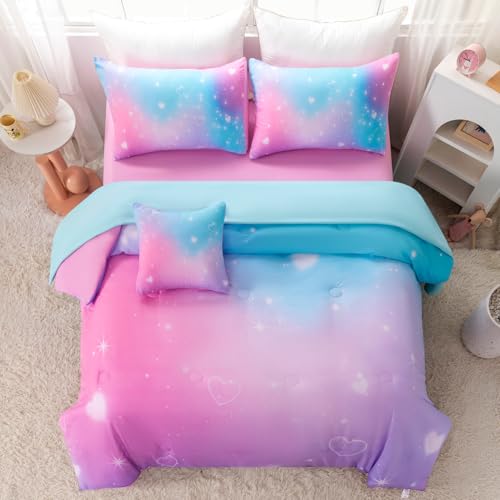 Image of 6 Pcs Glitter Bed in A Bag Full Size Rainbow Galaxy Bedding Comforter Set with Sheets Tie Dye Pink Teal Bubble Heart Print Kids Bed Set (Bubble Heart, Full)