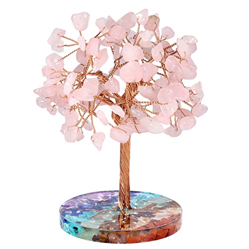 Nupuyai Rose Quartz Crystal Money Tree with 7 Chakra Base