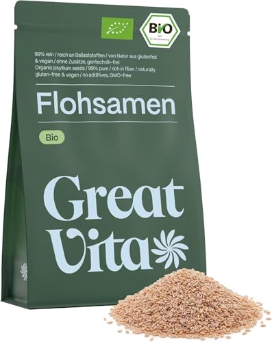 GreatVita Bio Flohsamen 1000g | 99% reine ganze Flohsamen - zertifizierte Bio-Qualität aus Indien | reich an Ballaststoffen & glutenfrei vegan - ideal für eine gesunde Ernährung