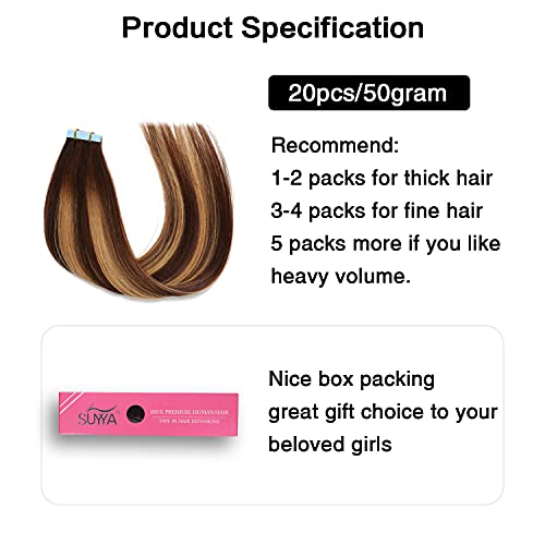 Image of SUYYA Tape In Hair Extensions Human Hair 24 Inch #P4 /27 /T4 Balayage | Remy Human Hair, Invisible Skin Weft, Straight Hair, 20PCS 40G, Ombre Chocolate Brown to Caramel Blonde, Added Length Volume