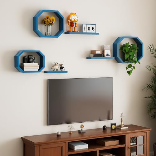 Image of Wall Mounted Floating Shelves Set of 6, Multipurpose Display, Book, Storage & Decor Shelves, Octagon Shape Wooden Wall Shelf for Living Room, Bedroom, Kitchen (Blue)