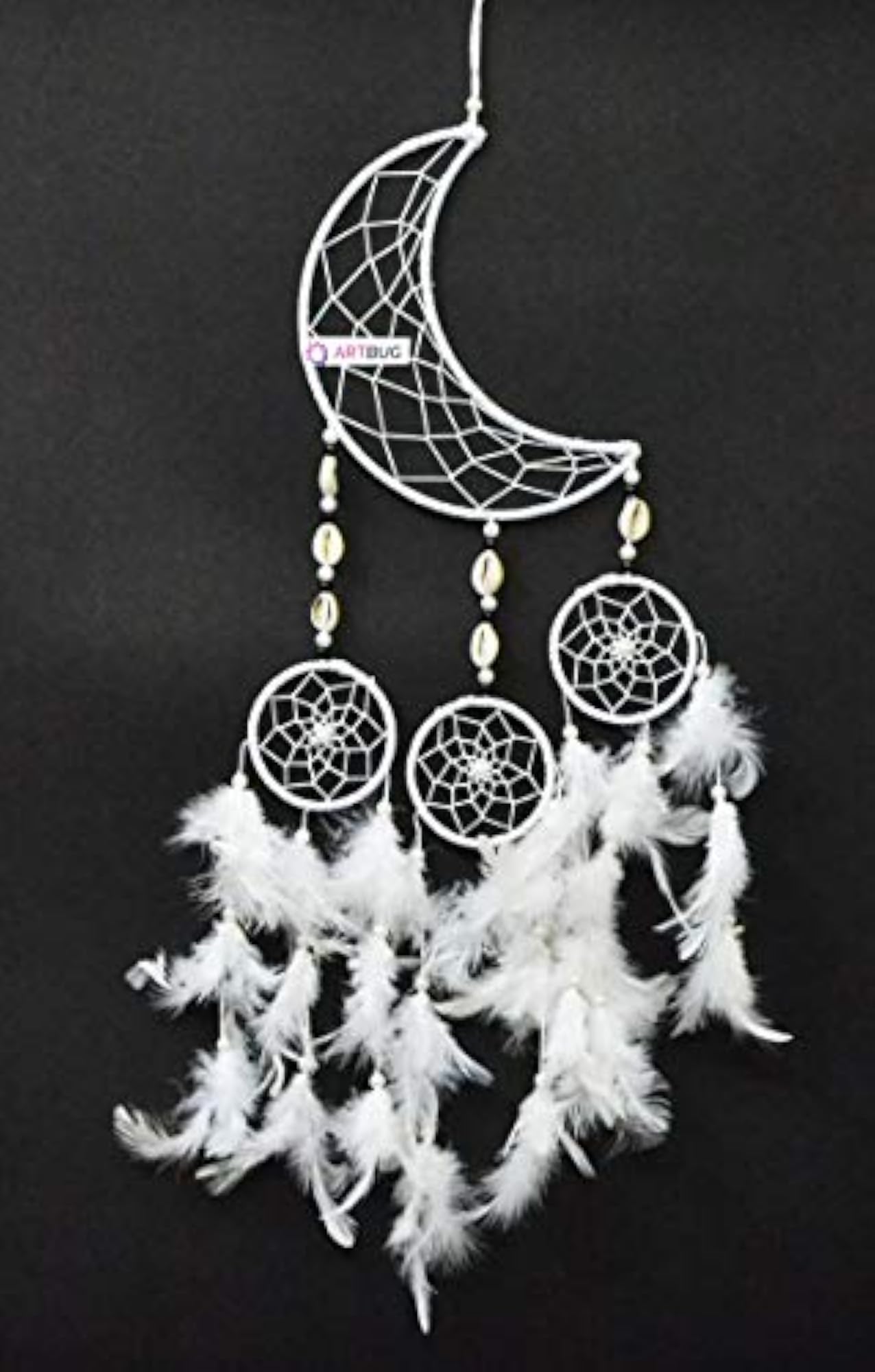 Natural Feather Moon and 3 Circles Dream Catcher, Wall Hanging Decor