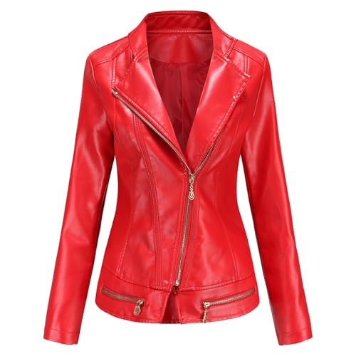 Chaqueta biker corta de piel sintética para mujer, con cremallera asimétrica y corte entallado, de piel sintética, con diseño oblicuos, color rojo, talla XL
