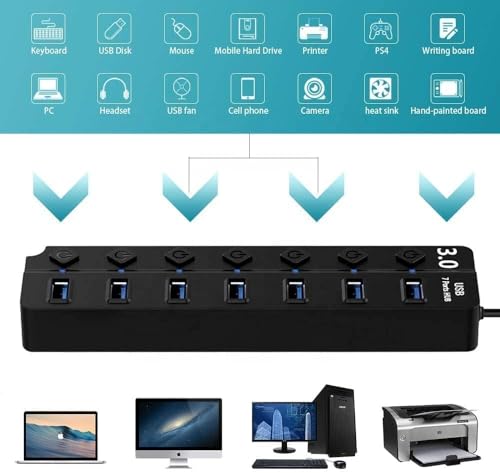 Image of USB Hub 3.0, 7-Port USB Hub Splitter with Individual On /Off Switches and Lights, 1 ft Long Cable Compatible with Laptop, Surface Pro, PS4, PC, Flash Drive, Mobile HDD