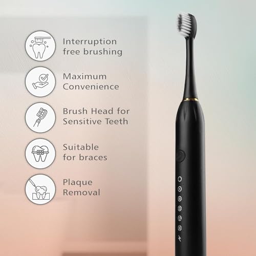 Image of Sonic Electric Toothbrush | Waterproof Rechargeable Toothbrush with Replaceable Brush Heads | Cosmic Lite Sonic Toothbrush with 6 Modes, 4 Brush Heads, 1 Interdental Head - Pack of 1 Black Color