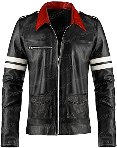 SpazeUp Men's Black Leather Gaming Jacket – Red Collar Video Game Cosplay Outfit for Halloween2