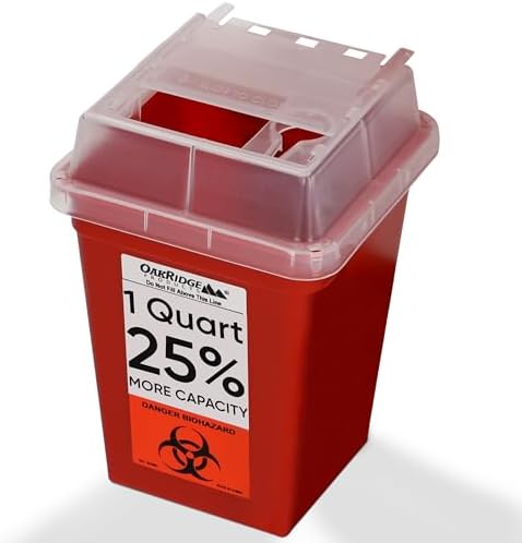 Oakridge Products Sharps Container for Home Use and Professional 1 Quart, Biohazard Needle and Syringe Disposal, Small Portable Container for Travel, CDC Certified