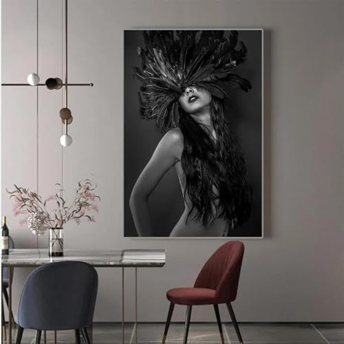 Peinture affiche plume femme sexy KEBIA noir et blanc décoration murale salon moderne toile