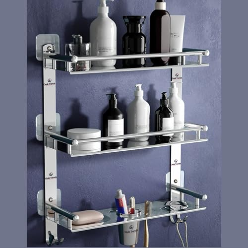 Image of Bathroom Organizer Without Drill - Corner, Shelves, Rack, Shelf, Storage, wall, Racks and Adhesive, Mounted, self Holder, soap, Stand Bathroom Accessories (Three Layer (6 in 1))