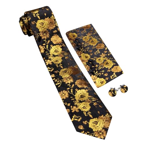 Image of Barry.Wang Flower Ties for Men Handkerchief Cufflinks Set Wedding Necktie Set Party