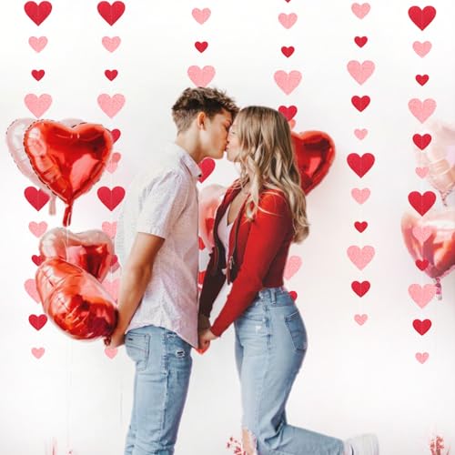 Image of Galentines Party-Decoration Valentines Heart Garland - 40ft Red Pink Hanging Paper Streamers, Proposal Anniversary Romantic Birthday Baby Shower Rustic Wedding Hanging Ornaments Decor Hugfond