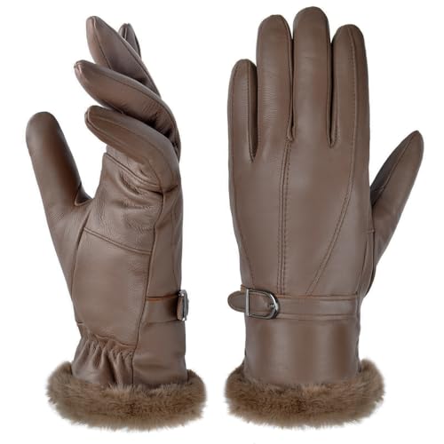Harssidanzar Leather Gloves Womens Winter Thermal Dress Gloves Fur Lined SL022US,Brown,Size M