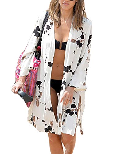 Bsubseach Women Black White Floral Print Rayon Beachwear Cover Up for Swimwear Loose Long Sleeve Beach Kimono Cardigan