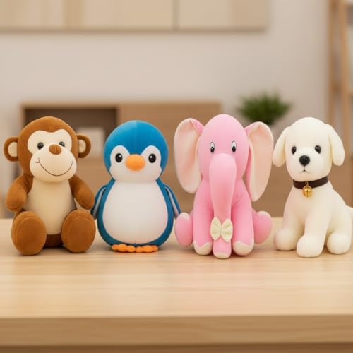 Image of Pack of 4 Elegant Soft Toys Combo Plush Stuffed Animals (Monkey, Penguin, Elephant, White Dog)