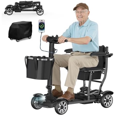 4 Wheels Mobility Scooters for Seniors, 39LBS Light Frame&350LBS Capacity&30 Miles Travel Range&270W Brushless Motor Powered Wheelchair Folding Electric Scooter&LED Lights&Dust Cover&Auto Brake-Black Cover