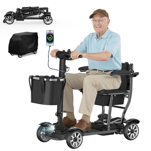 Image of 4 Wheels Mobility Scooters for Seniors,39LBS Light Frame&15 Miles Travel Range&350LBS Capacity&270W Brushless Motor Powered Wheelchair Folding Electric Scooter&Dust Cover&LED Lights&Auto Brake-Black