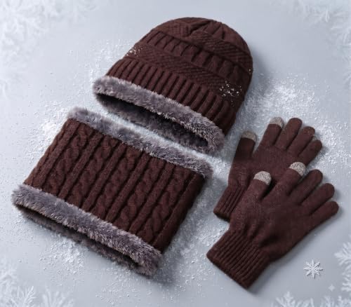 Image of Winter Knit Beanie, Hat, Neck Warmer Scarf and Woolen Gloves Set - Skull Cap for Men & Women (3 Piece)
