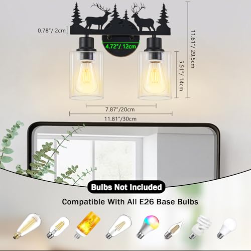 Image of Rustic Deer Bathroom Light Fixtures, 2-Light Vanity Lamp | Farmhouse rustic style, Clear Glass Shade,Wall Light for Bathroom, Hallway, Kitchen, Porch,Study, Bar