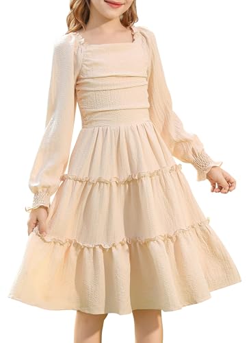 HOZIY Girls Long Sleeve Dress Ruched Smocked Tiered Ruffle A-Line Casual Boho Teen Dresses with Pocket Size 6-16 Years