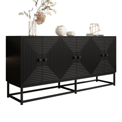 vutizal Sideboard Schwarz Matt 160cm, Aufbewahrungsschrank Modern mit Relief-Design, 3-türige Kommode offen für Wohnzimmer Arbeitszimmer, 160x38x75.5 cm