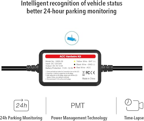 Image of PRUVEEO Smart Acc Hardwire Kit, 12V- 30V to 5V 2A /3A, Intelligent and Adjustable Low Voltage Protection for Dash Cam, HWK-08