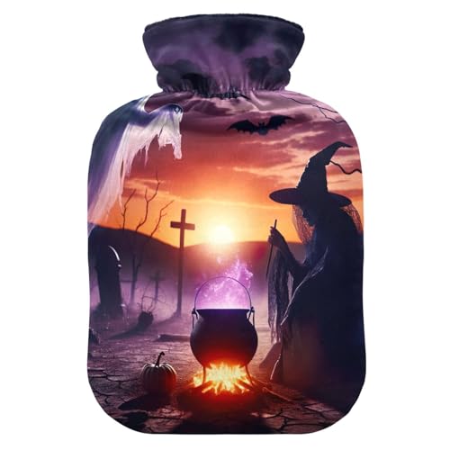 Halloween Witch Bat Hot Water Bottles Hot or Cold Water Bottle with Soft Cover Hot Water Bag for Hot and Cold Compress, 2 Liters