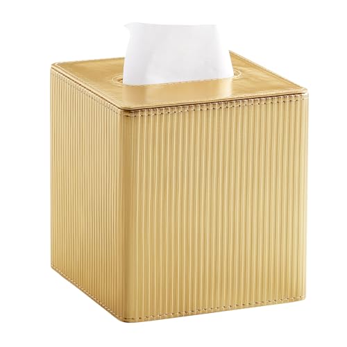 Cretkhp Gold Tissue Box Cover Square with Magnetic Closure PU Leather Tissue Box Holder for Bathroom NightStands Livingroom Decorative Modern Square Tissue Holder (Gold)