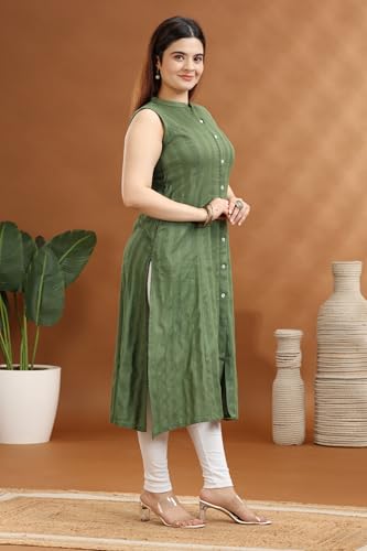 Image of Cotton Culture Green Cotton A Line Sleeveless Kurta