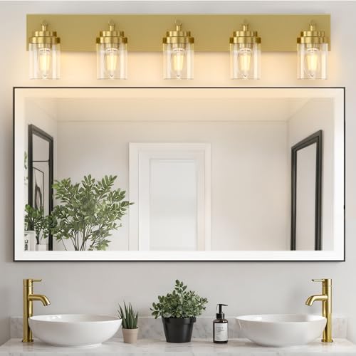 Image of IZORRO Bathroom Vanity Light Fixture, 5-Light 36 Inch Gold Bathroom Light Fixtures Over Mirror, with Clear Glass Shade, Modern Farmhouse Vanity Lights, Rustic Restroom Lighting Fixtures