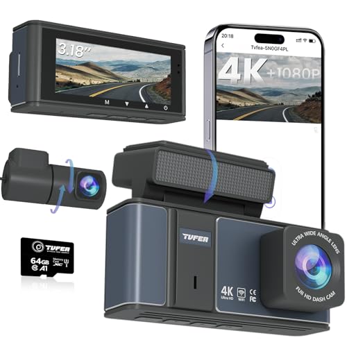 Dashcam Front and Rear Camera,TVFEA Dash cam 4K,Dual Dash Camera for Cars with Wi-Fi,3.18" LCD Screen,64GB Card,APP Control,Night Vision,WDR,Metal Shell,24H Parking Mode,G-Sensor,Loop Record