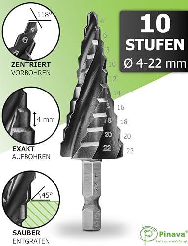 Pinava® Stufenbohrer HSS Cobalt Pro 4XSPIRAL [Schneller, Präziser, Langlebiger] Ø 4-22mm - Profi Kegelbohrer für Edelstahl, Metall, Holz, Kunststoff - Blech-Schälbohrer Extrem Scharfer Edelstahlbohrer