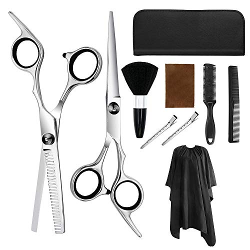 Professional Hair Cutting Scissors Set, Aolerx 9 PCS Barber Thinning Scissors Hairdressing Shears Stainless Steel Hair Cutting Shears Kit with Cape Clips Comb for Men Women Pet