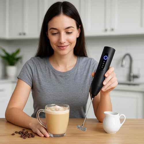 Image of Bonsenkitchen Handheld Milk Frother, Electric Hand Foamer Blender for Drink Mixer, Perfect for Bulletproof Coffee, Matcha, Hot Chocolate, Mini Battery Operated Milk Whisk Frother-Seafoam (Black)