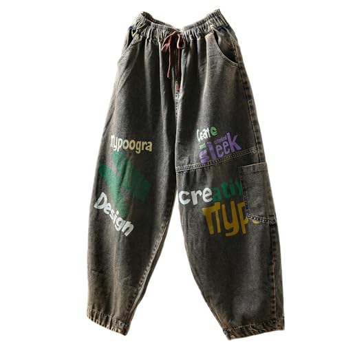Baggy Jeans Men Graphic Y2k Sweatpant Jeans with Elastic Waisted High Waist Graffiti Washed Wide Leg Denim Pants Jogger