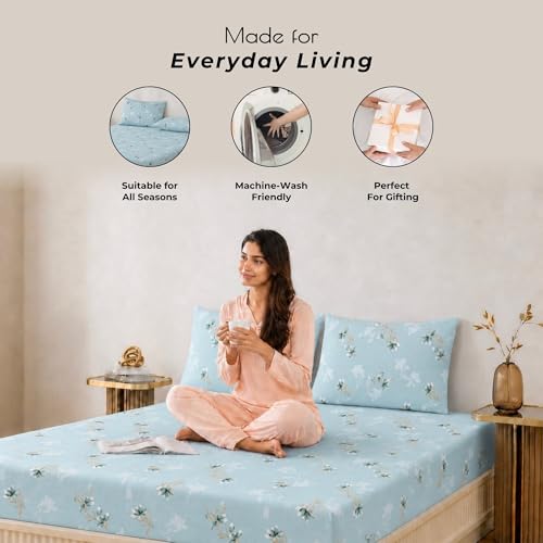 Image of King Size Elastic Fitted Bedsheet, 100% Pure Cotton King Size Fitted Bedsheet for Double Bed with 2 Pillow Covers, 240 TC, 72x78 Inches up to 8-inch Mattress, Floral (Serene Blue)