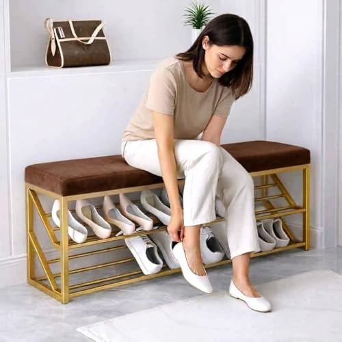 Image of Entryway Shoe Rack with Cushioned Seat, Shoe Bench for Entry, 2 Shelves Storage Bed Bench