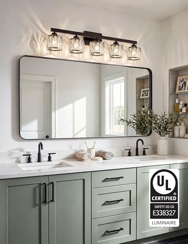 Image of VOLISUN Crystal Vanity Lights for Bathroom, 5 Light Bathroom Vanity Light, Modern Matte Black Bathrooms Light Over Mirror, Black Bathrooms Lights Fixtures-UL Certificated(Exclude Bulb)
