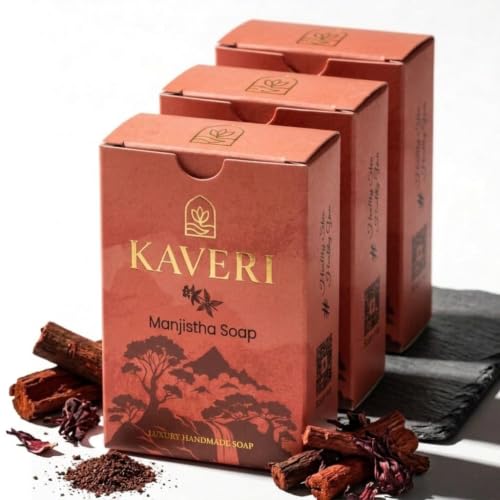 Image of KAVERI Manjistha Handmade Soap Bar - Ayurvedic Cold-Processed Herbal Cleansing Bar, SLS-Free - Pack of 3 Combo (3 x 110g)