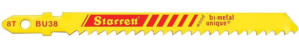 Starrett Yellow Wood Cutting Jigsaw Blades - 5 Pieces Bu38 Unified Shank 8 Teeth Per Inch Bi-Metal Fast Straight Cuts Saw Blade Set - Compatible With Bosch Dewalt Hitachi Festool Milwaukee