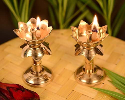 phareLamp Presents Set of 2 Pure Brass Diya for Puja Temaple Decoration, Lotus Shape Pillar Diya Stand Oil Lamp for Home Mandir Pooja Articles Decor Gifts (Size 3.8#A066