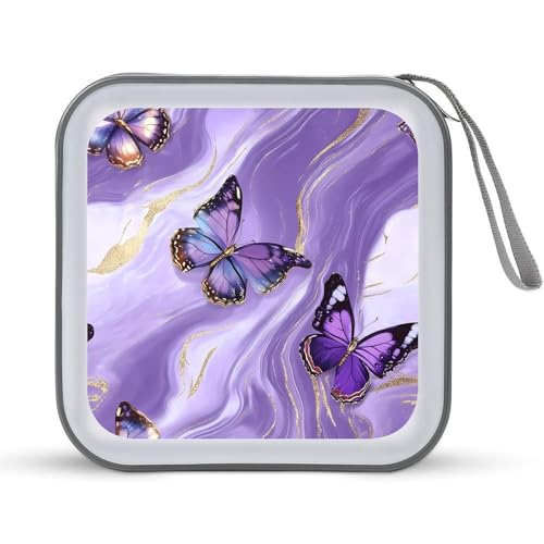 Purple Marble Butterfly CD Case Portable DVD Holder Storage Organizer for Home Travel