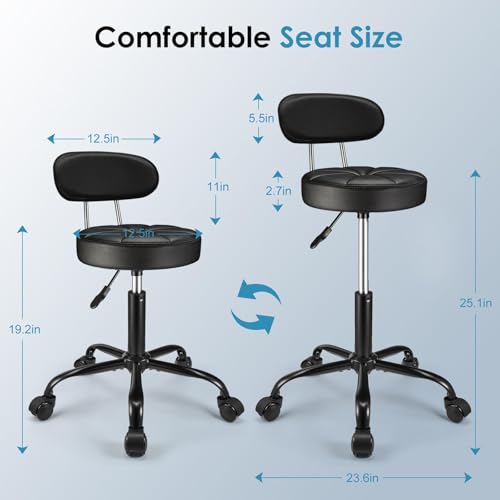 Image of PU Leather Rolling Stool with Back Support Height Adjustable Swivel Stool Chair with Wheels Drafting Chair for Spa Slaon Massage Stable Base Foot Black