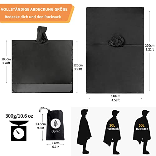 Opret Wasserdicht Regenponcho Damen Herren, Leicht Atmungsaktiv Regencape 3-in-1-Multifunktional Regenmantel Regenschutz Regen Poncho für Wandern und Camping-Schwarz
