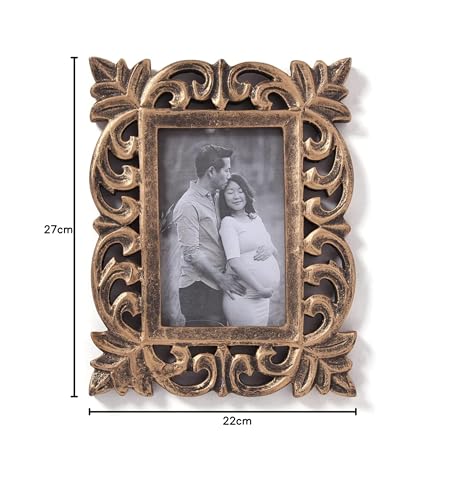Image of Wooden Hand Carved Rectangular Photo Frame for Wall Mounted and Tabletops Display -5x7 Inche Picture Frame - Wood Carving Decorative Home Decor Accessories Distressed Finish (Antique Golden)